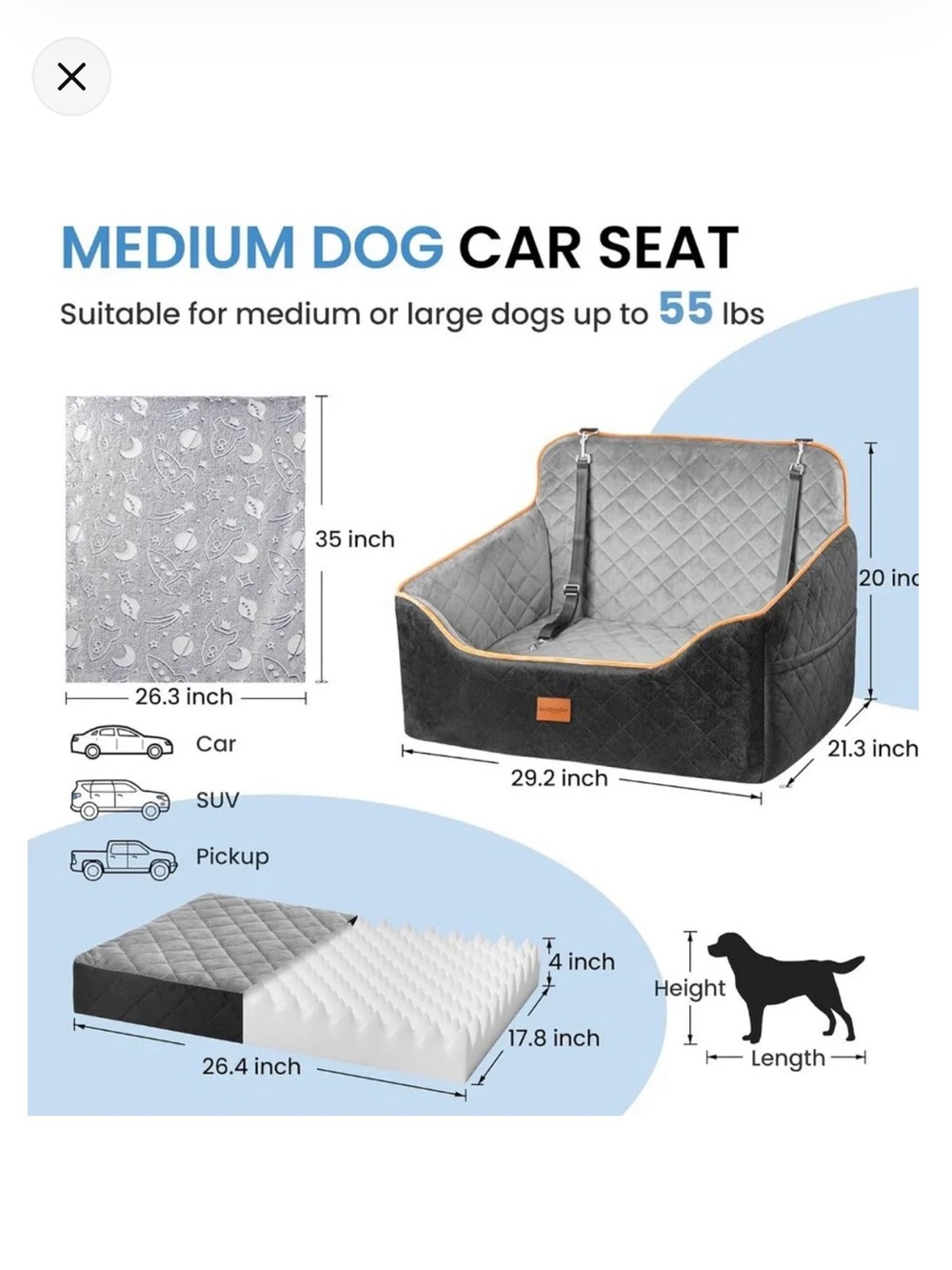 Pet Car Seat/Booster for 1 Medium Dog or 2 Small Dogs 55lbs (Black/Grey) NEW - Picture 2 of 10